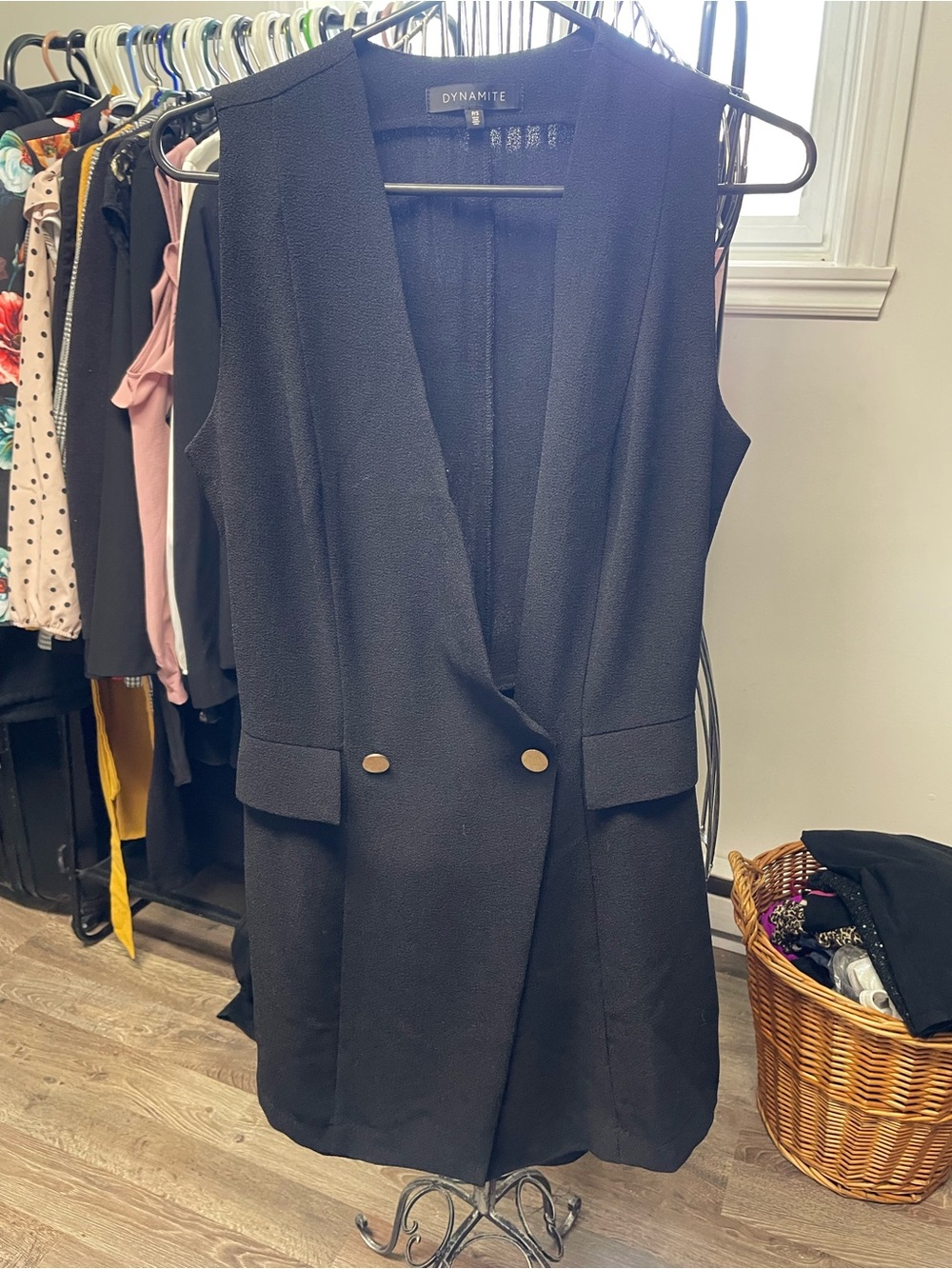 Dynamite Black Sleeveless Blazer Vest with Gold Button Accent